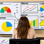 **Customer Feedback Analysis**: An illustration of a person sitting at a desk surrounded by notes and charts, analyzing customer feedback. The background shows a brainstorming session with sticky notes and a whiteboard filled with ideas, symbolizing creativity and improvement.