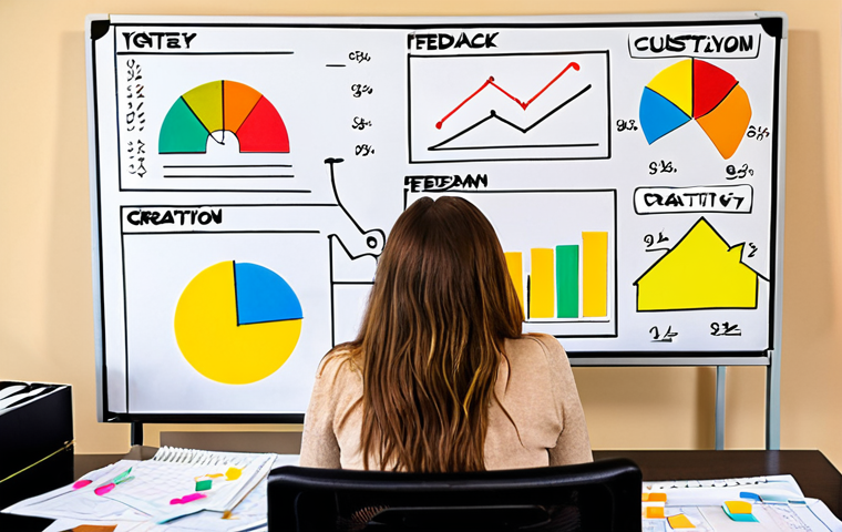 **Customer Feedback Analysis**: An illustration of a person sitting at a desk surrounded by notes and charts, analyzing customer feedback. The background shows a brainstorming session with sticky notes and a whiteboard filled with ideas, symbolizing creativity and improvement.