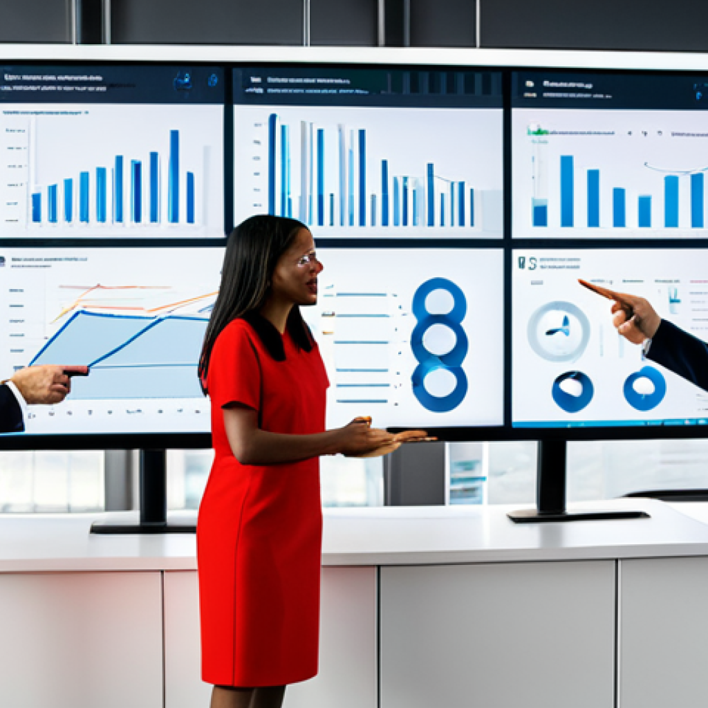 A diverse group of five professionals, including men and women, are gathered around a large interactive digital screen in a modern, brightly lit office. They are engaged in a collaborative discussion, pointing at charts and graphs displaying customer feedback data, embodying continuous innovation and problem-solving. Each individual is fully clothed in modest business attire, professional dress, appropriate content, with perfect anatomy, correct proportions, and natural poses. Well-formed hands and proper finger count are essential. The scene is captured with professional photography, ensuring high quality and a safe for work environment.