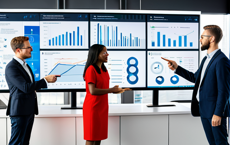 A diverse group of five professionals, including men and women, are gathered around a large interactive digital screen in a modern, brightly lit office. They are engaged in a collaborative discussion, pointing at charts and graphs displaying customer feedback data, embodying continuous innovation and problem-solving. Each individual is fully clothed in modest business attire, professional dress, appropriate content, with perfect anatomy, correct proportions, and natural poses. Well-formed hands and proper finger count are essential. The scene is captured with professional photography, ensuring high quality and a safe for work environment.