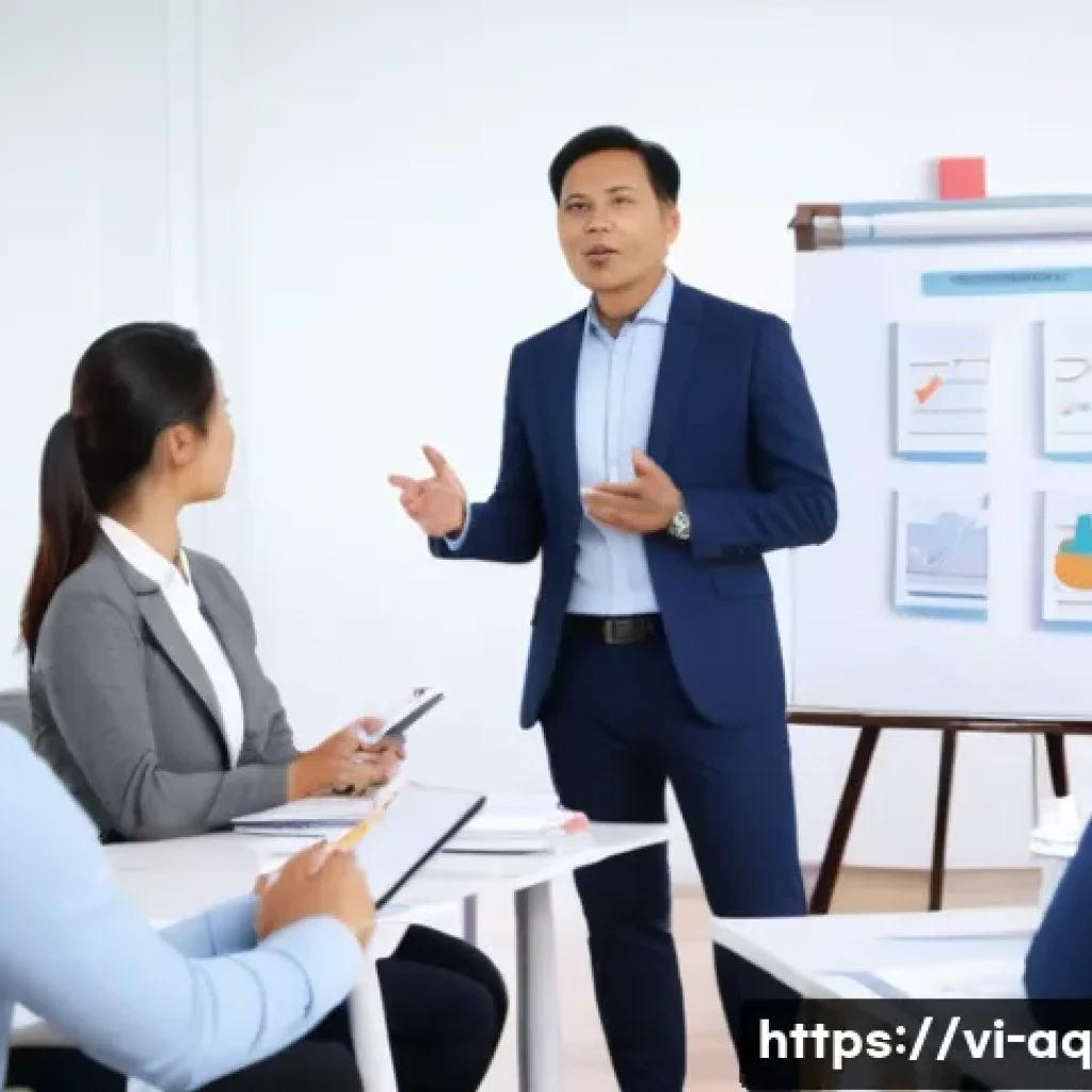피드백 활용과 리더십의 관계 분석 - A professional Vietnamese office meeting scene showing a diverse group of employees actively practic...