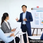 Home 22 피드백 활용과 리더십의 관계 분석 - A professional Vietnamese office meeting scene showing a diverse group of employees actively practic...