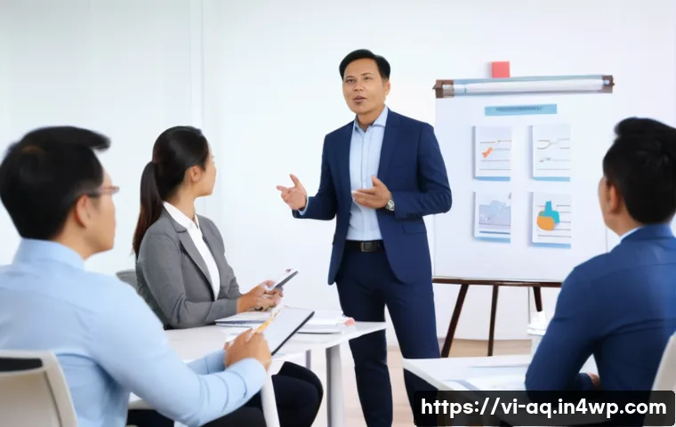 피드백 활용과 리더십의 관계 분석 - A professional Vietnamese office meeting scene showing a diverse group of employees actively practic...