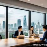 Home 21 피드백 활용에 대한 직원 인식 조사 - A modern Vietnamese office environment showing a diverse group of young professionals in business ca...