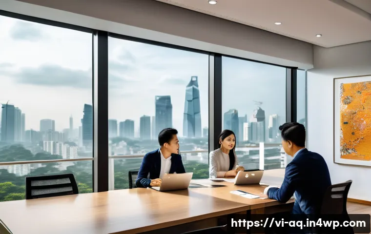 피드백 활용에 대한 직원 인식 조사 - A modern Vietnamese office environment showing a diverse group of young professionals in business ca...
