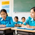 Home 19 피드백과 교육 차원의 연결 고리 - A modern Vietnamese classroom scene showing a diverse group of attentive students aged around 15, se...