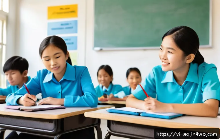 피드백과 교육 차원의 연결 고리 - A modern Vietnamese classroom scene showing a diverse group of attentive students aged around 15, se...