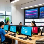Home 18 피드백을 통한 실시간 성과 모니터링 - A modern Vietnamese retail store interior bustling with activity, employees monitoring real-time sal...