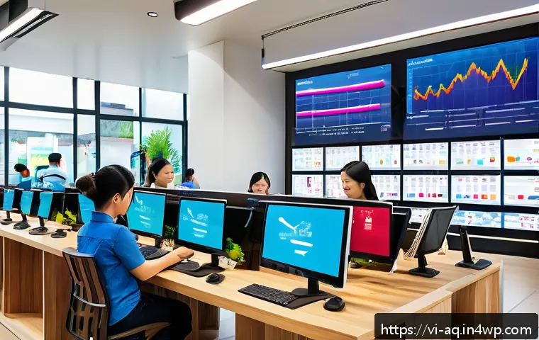 피드백을 통한 실시간 성과 모니터링 - A modern Vietnamese retail store interior bustling with activity, employees monitoring real-time sal...