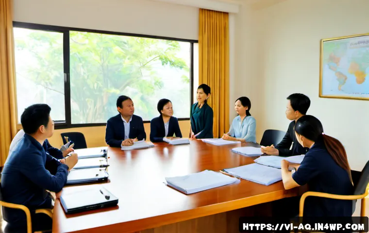 Home 17 피드백 회의에서의 바람직한 태도 - Photorealistic modern feedback meeting in a bright Hanoi office, a Vietnamese team seated around a c...